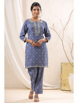 Autumnlane - Sunaina Blue Printed Handwork Kurta With Pant (Set of 2)