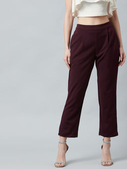 AAREIN - Burgundy Solid Trousers and Pants