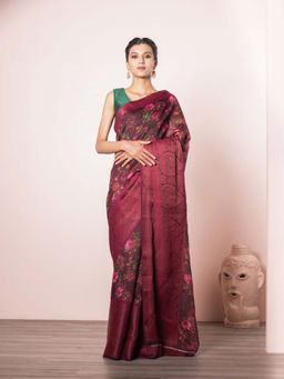 EXCLUSIVA - Wine Soft Printed Silk Linen Saree with Unstitched Blouse