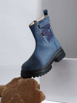 VALIOSAA - Navy Blue Casual Round Toe Block Heeled Solid Boots