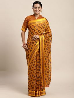 Odette - Cotton Silk Mustard Printed Saree with Unstitched Blouse
