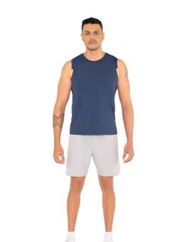 STRCH - Navy Blue Solid Regular Fit Sleeveless Gym Tank