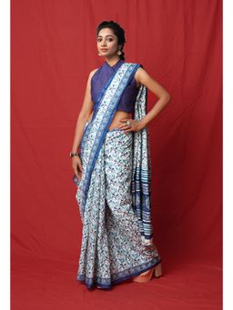 Unnati Silks - Pure Block Printed Soft Cotton White Saree with Unstitched Blouse