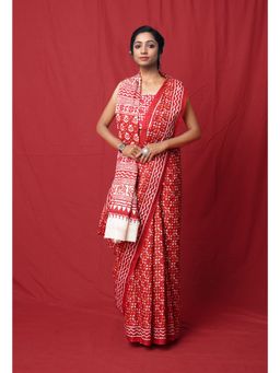 Unnati Silks - Pure Block Printed Soft Cotton Red Saree with Unstitched Blouse