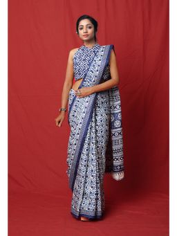 Unnati Silks - Pure Block Printed Soft Cotton White Saree with Unstitched Blouse