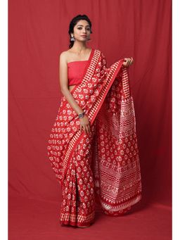 Unnati Silks - Pure Block Printed Soft Red Cotton Saree with Unstitched Blouse