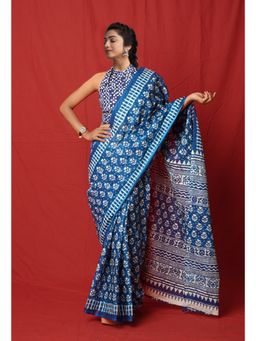 Unnati Silks - Pure Block Printed Blue Soft Cotton Saree with Unstitched Blouse