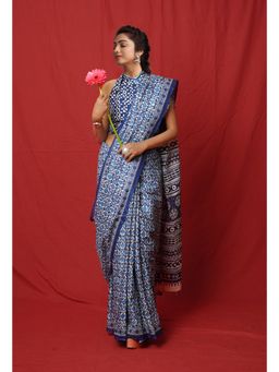 Unnati Silks - Pure Block Printed Soft Cotton Blue Saree with Unstitched Blouse