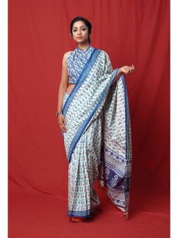Unnati Silks - White Pure Block Printed Soft Cotton Floral Saree with Unstitched Blouse
