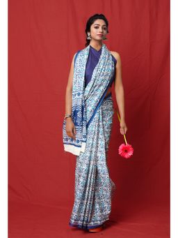 Unnati Silks - Pure White Block Printed Soft Cotton Saree with Unstitched Blouse