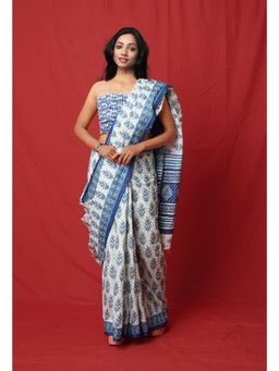 Unnati Silks - White Pure Floral Block Printed Soft Cotton Saree with Unstitched Blouse