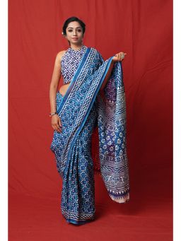 Unnati Silks - Navy Blue Pure Block Printed Soft Cotton Saree with Unstitched Blouse