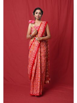 Unnati Silks - Pure Red Block Printed Soft Cotton Saree with Unstitched Blouse