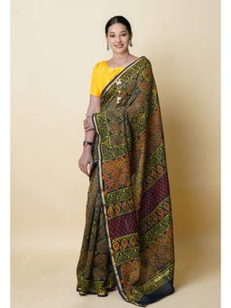 Unnati Silks - Green Pure Hand Block Printed Chanderi Cotton Paisley Saree with Unstitched Blouse