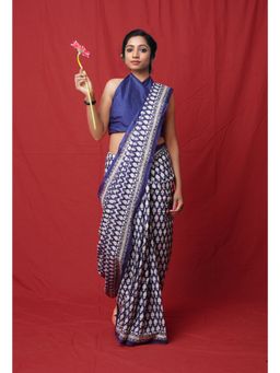 Unnati Silks - Navy Blue Pure Block Printed Soft Cotton Saree with Unstitched Blouse