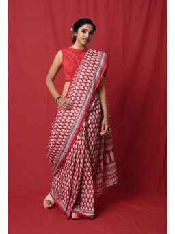 Unnati Silks - Red Pure Block Printed Soft Cotton Paisley Saree with Unstitched Blouse