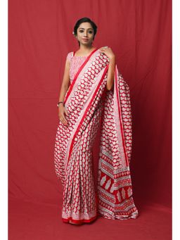 Unnati Silks - Red Pure Block Paisley Printed Soft Cotton Saree with Unstitched Blouse