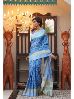 Unnati Silks - Blue Pure Block Printed Mangal Giri Saree with Unstitched Blouse