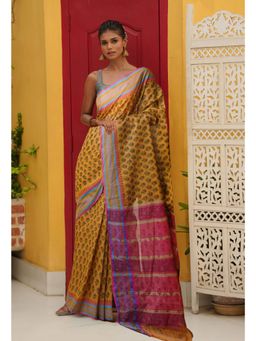 Unnati Silks - Yellow Pure Block Printed Mangal Giri Saree with Unstitched Blouse
