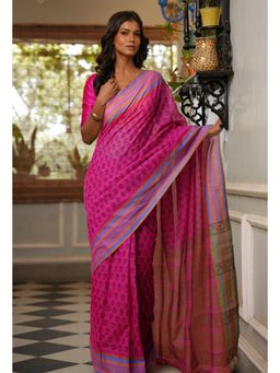 Unnati Silks - Pink Pure Block Printed Mangal Giri Saree with Unstitched Blouse