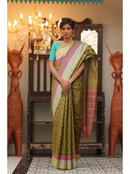Unnati Silks - Mehendi Green Pure Block Printed Mangal Giri Saree with Unstitched Blouse