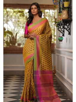 Unnati Silks - Yellow Pure Block Printed Mangal Giri Saree with Unstitched Blouse