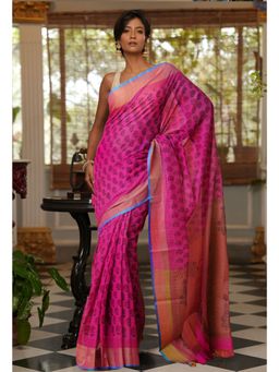 Unnati Silks - Pink Pure Block Printed Mangal Giri Saree with Unstitched Blouse
