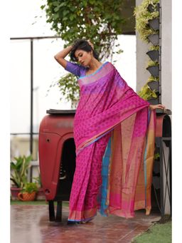 Unnati Silks - Pink Pure Block Printed Mangal Giri Saree with Unstitched Blouse