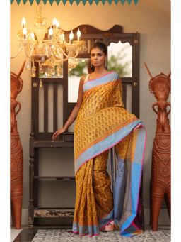 Unnati Silks - Yellow Pure Block Printed Mangal Giri Saree with Unstitched Blouse