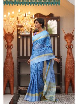 Unnati Silks - Blue Pure Block Printed Mangal Giri Saree with Unstitched Blouse