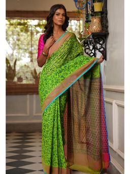 Unnati Silks - Green Pure Block Printed Mangal Giri Saree with Unstitched Blouse