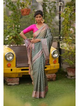 Unnati Silks - Green Pure Block Printed Mangal Giri Saree with Unstitched Blouse
