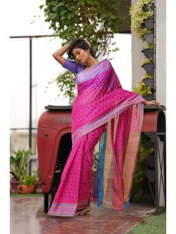 Unnati Silks - Pink Pure Block Printed Mangal Giri Saree with Unstitched Blouse