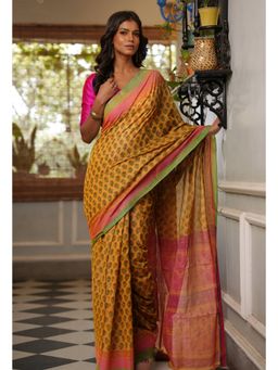 Unnati Silks - Yellow Pure Block Printed Mangal Giri Saree with Unstitched Blouse