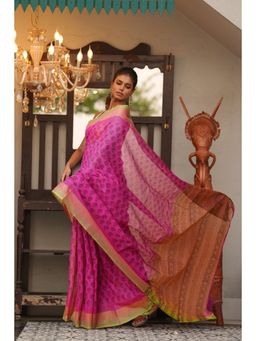 Unnati Silks - Pink Pure Block Printed Mangal Giri Saree with Unstitched Blouse
