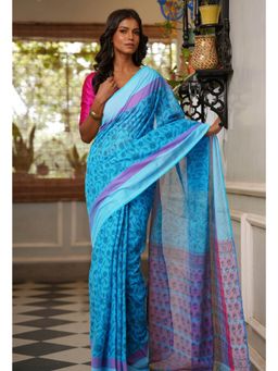 Unnati Silks - Blue Pure Block Printed Mangal Giri Saree with Unstitched Blouse