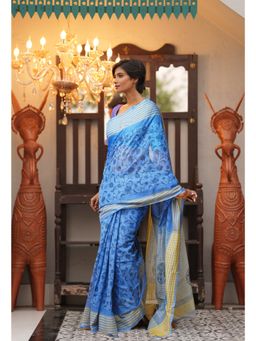 Unnati Silks - Blue Pure Block Printed Mangal Giri Saree with Unstitched Blouse