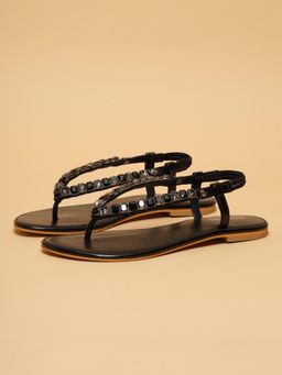 ERIDANI - Women Norina Black Embellished T-Strap Sandals