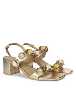 Saint G - Women Multi-Stone Metallic Gold Leather Block Heels