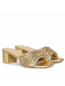 Saint G - Women Embroidered Metallic Gold Block Heels