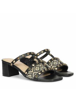 Saint G - Women Pyramid Stud Raffia Black Leather Block Heels