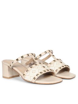 Saint G - Women Pyramid Stud Raffia Beige Leather Block Heels