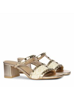 Saint G - Women Pyramid Stud Raffia Gold Leather Block Heels