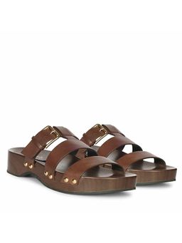 Saint G - Women Buckle Brown Leather Platform Sandals