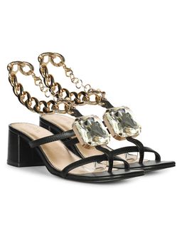 Saint G - Women Black Leather Crystal Chain Block Heels