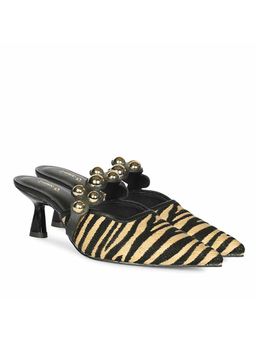 Saint G - Women Zebra Studded Beige Pointed Mules Heels