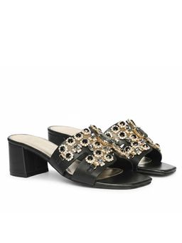 Saint G - Women Stone Embroidered Black Leather Block Heels