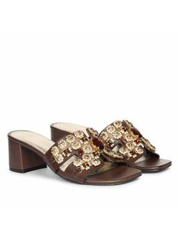 Saint G - Women Stone Embroidered Brown Leather Block Heels