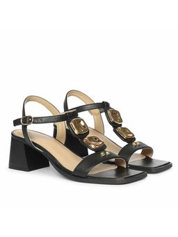 Saint G - Women Gold Trim Black Leather Block Heels