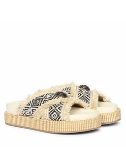 Saint G - Women Raffia Fringe Multi-Color Leather Platform Sandals